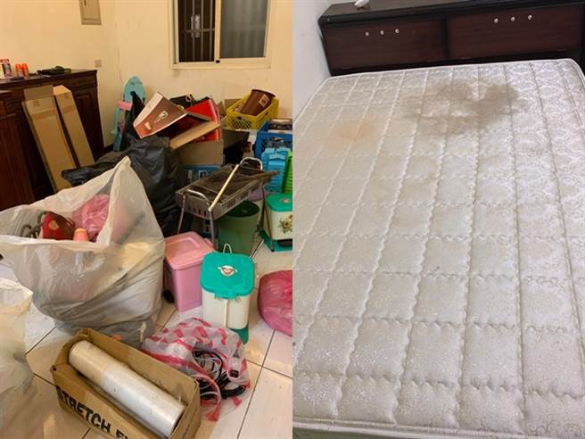 租客留下整间房屋的垃圾与废弃家电，客房、楼梯墙面出现「放射状血迹」，床上也有大面积血渍。（图／翻摄自脸书「爆怨公社」）