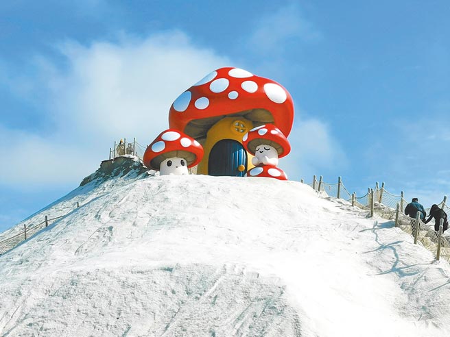 台南七股盐山新年装置艺术亮相，3朵6米巨大蘑菇象徵Good! Good! Good!。          （刘秀芬摄）