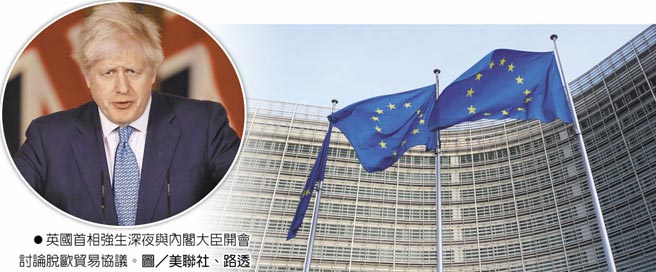 英国首相强生深夜与内阁大臣开会讨论脱欧贸易协议。图／美联社、路透