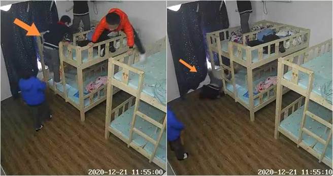 大陆一男童与同学嬉闹，结果当场被从上舖床位推下地板。（图／翻摄自搜狐）