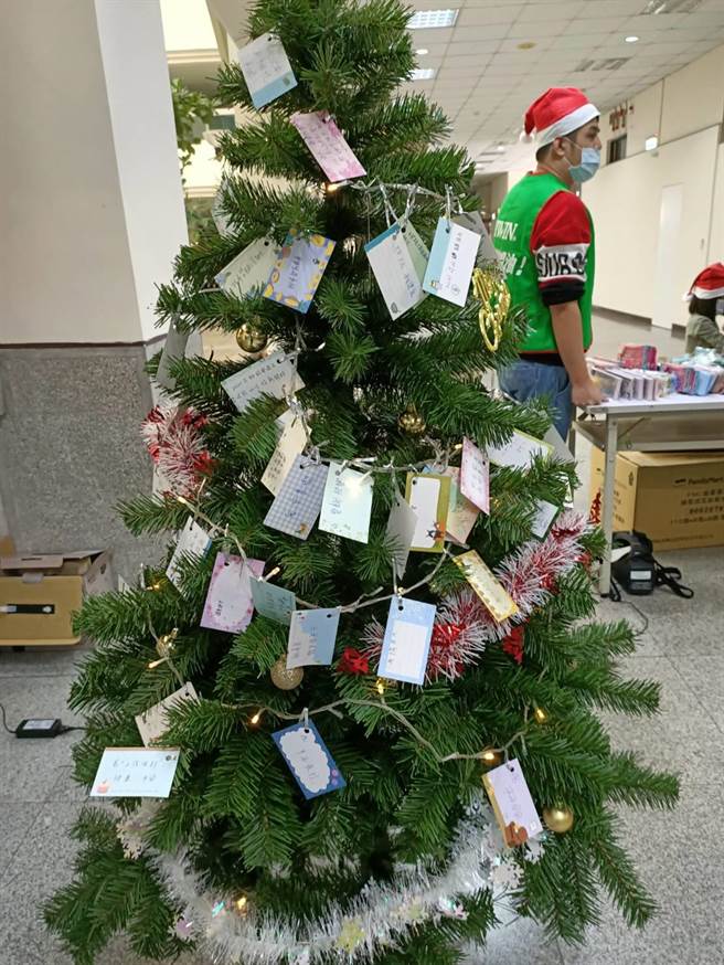 食物银行受助家户孩童在耶诞树上挂祈愿卡片。（台中市社会局提供／王文吉台中传真）