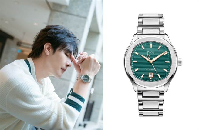 谢佳见戴上Polo系列孔雀绿面盘精钢自动腕表呼应绝佳品味。（图／品牌提供）