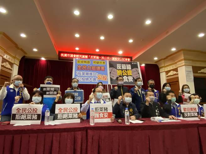 桃园市议会国民党团28日响应中央党部遍地开花，数十位议员高喊「反莱猪、拚公投、护食安」。(蔡依珍摄)