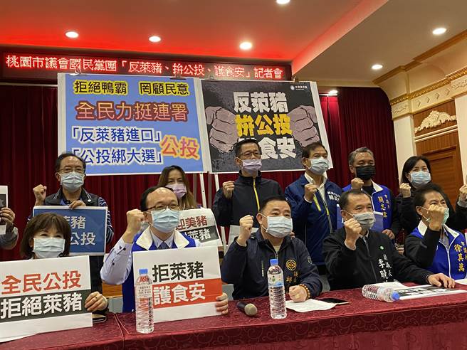 桃园市议会国民党团28日响应中央党部遍地开花，数十位议员高喊「反莱猪、拚公投、护食安」。(蔡依珍摄)