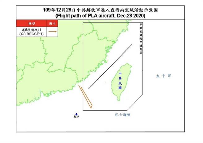 共机进入我西南防空识别区示意图。空军提供