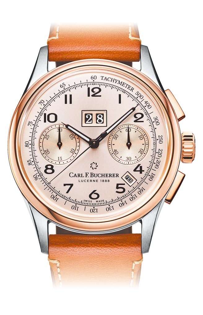 宝齐莱传承系列年历双盘计时码表（Heritage BiCompax Annual），玫瑰金款35万5000元。（Carl F. Bucherer提供）