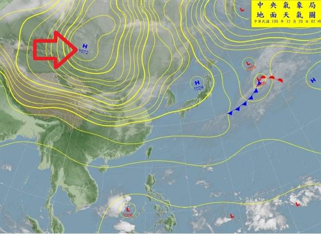 郑明典表示，这波寒流高压1072百帕，已是很高的数字、很冷。(翻摄自 郑明典脸书)
