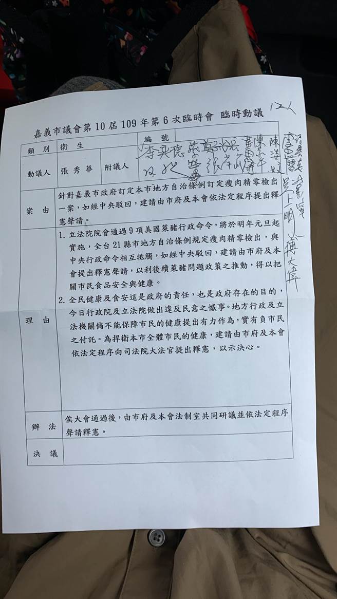 嘉義市議會國民黨團29日在議會臨時動議提出，若零檢出自治條例經中央駁回，建請市府與議會一起提出釋憲聲請，會中經13名議員連署、附議。(嘉義市政府提供∕呂妍庭嘉義傳真）