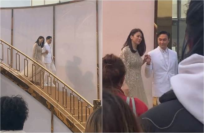 袁詠儀身穿金色禮服、美如公主，而張智霖則身穿白色西裝，彷彿白馬王子。（圖／取材自全娛樂爆料微博）