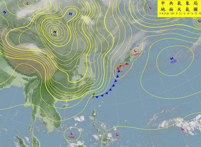 強寒流南下，中心最高氣壓1088百帕，是很冷很高的數字，加上鋒面影響，今天北台灣又下雨又寒冷又風大。(氣象局)