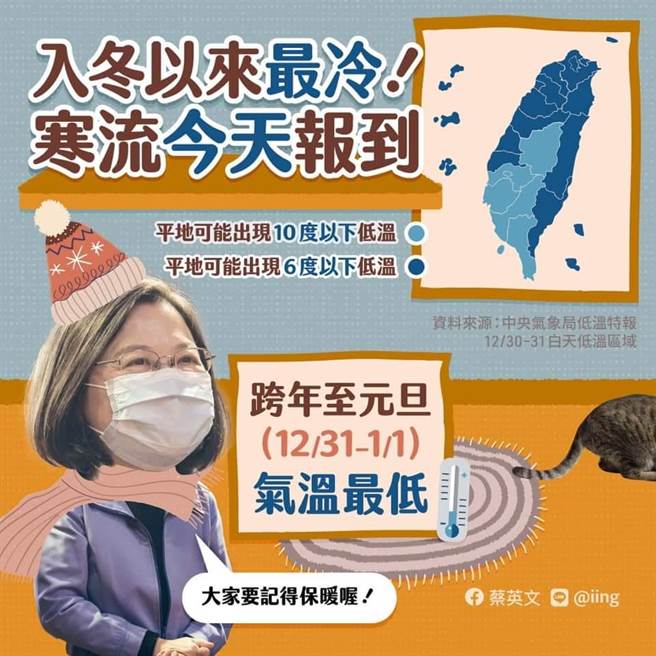 入冬最強寒流來襲，蔡英文提醒農漁業留意低溫影響(取自蔡英文臉書)