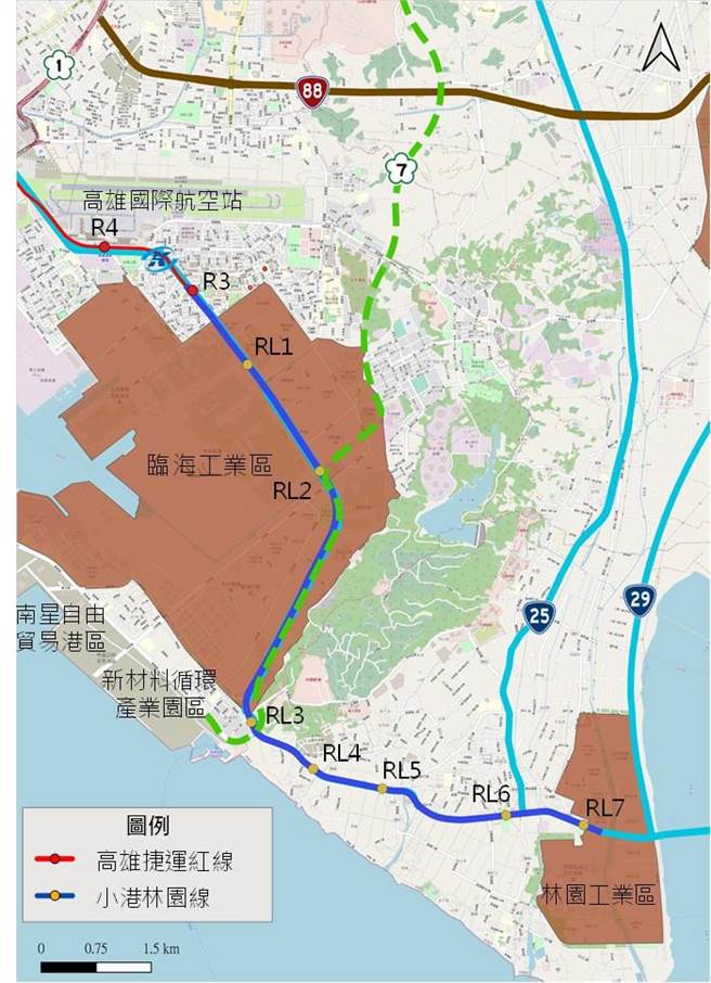 高雄捷运红线小港林园线沿途设立7个站，连结临海工业区和林园工业区。（图／高雄捷运局提供）