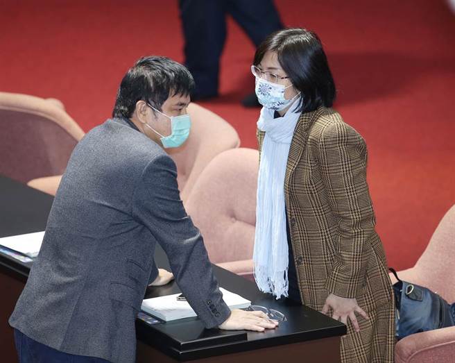 党团书记长庄瑞雄（左）在议场内向林淑芬（右）说明。（姚志平摄）
