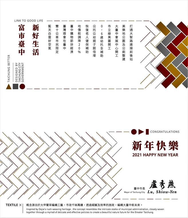 以大甲蔺草为意象，台中市贺年卡递上祝福与12大政绩。（台中市府提供／卢金足台中传真）