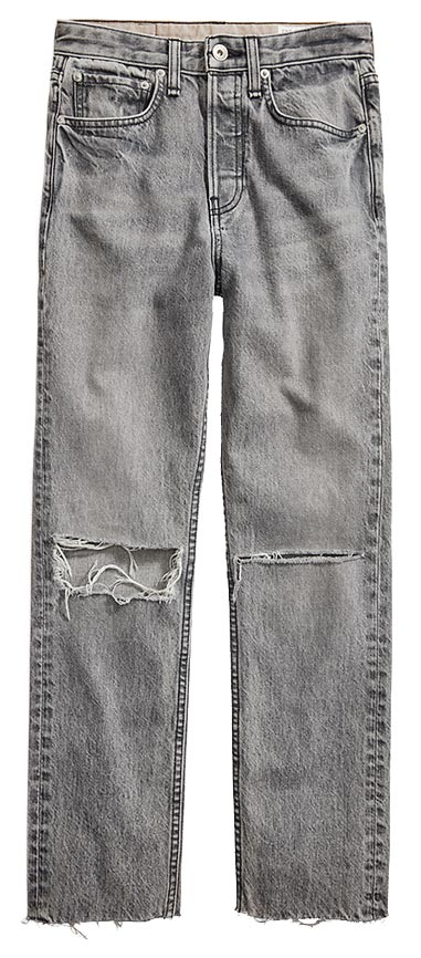 rag & bone浅灰水洗刷色破损Maya裤脚不收边高腰丹寧直筒裤，1万1000元。（rag & bone提供）