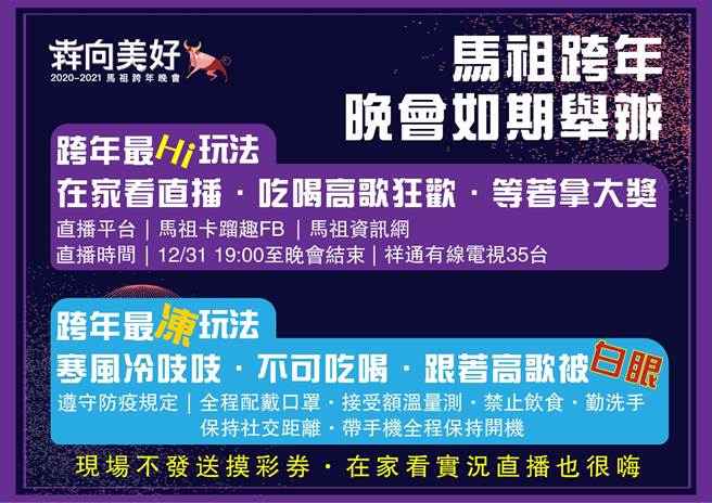 连江县政府交通旅游局长林长青指出，晚会如期举办、加强防疫防寒，也建议乡亲们尽量在家中观看直播。（交旅局提供）