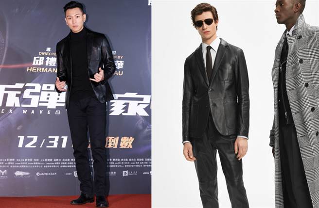 瘦子（E.SO）身穿BOSS黑色西装式小羊皮革外套出席电影《拆弹专家2》首映会宣传。（图／品牌提供）