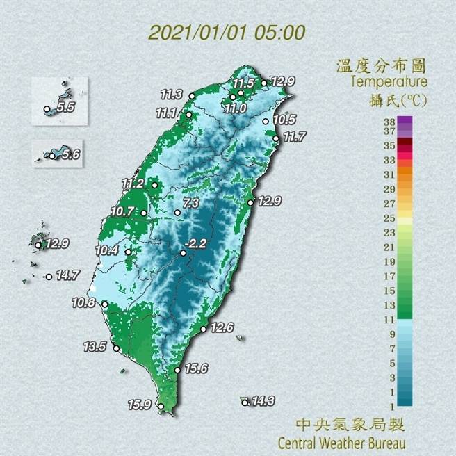 元旦持續受到寒流影響，全台除了屏東之外，平地最低溫為10度以下。（圖／擷取自中央氣象局）