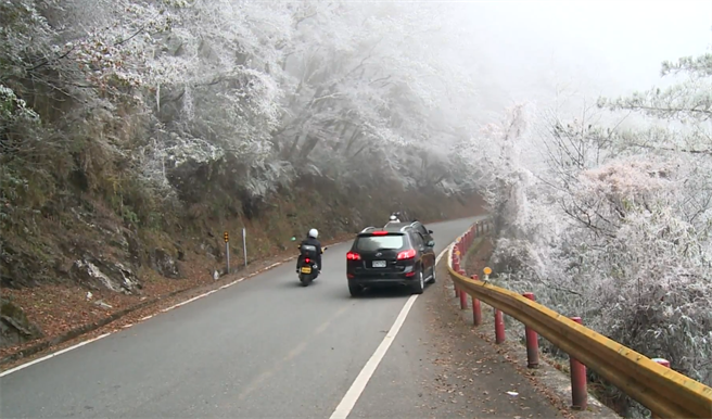 中橫公路台8線131公里慈恩至金馬隧道，沿途出現冰霰，山頭都是霧淞，畫面像極冰雪世界。（讀者提供／王志偉花蓮傳真）