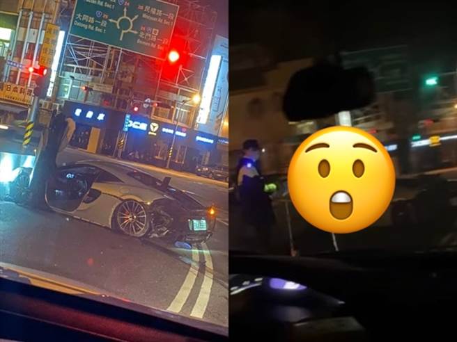 一輛白色「麥拉倫570S」在台南市東門圓環附近自撞分隔島，網友貼出車主影片，有人誇讚車主被背影看起來很帥。（圖／翻攝自臉書社團「台南爆料公社-台南最大社團」）