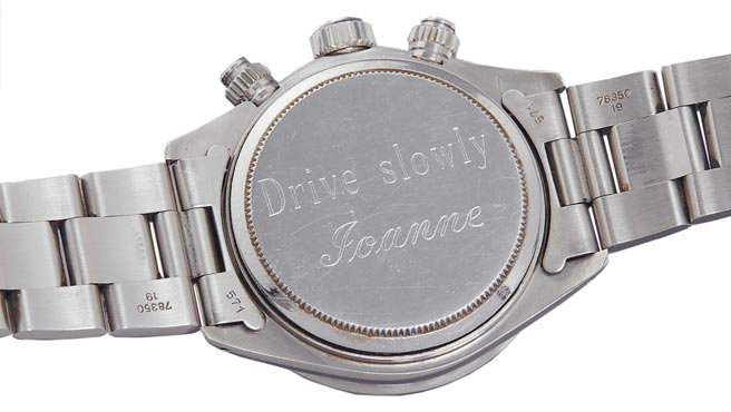 保罗纽曼爱妻琼安伍华德在劳力士表的表背刻上「Drive slowly Joanne」。（Phillips提供）