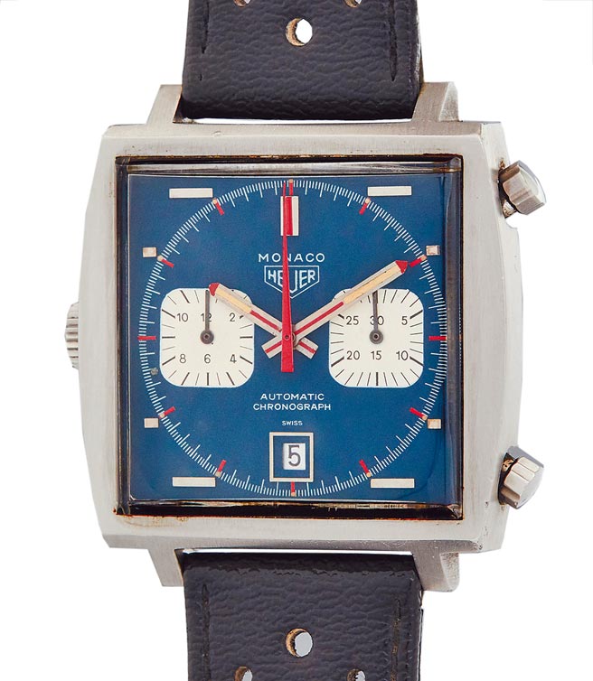 史提夫麦昆（Steve McQueen）在他的赛车电影《Le Mans》中佩戴泰格豪雅Monaco型号1133腕表，以近6600万落槌。（TAG Heuer提供）