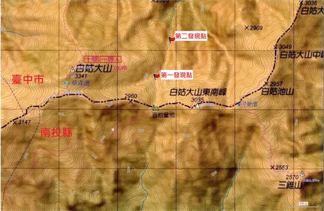 發現求救信號的位置點。（南投縣消防局提供／廖志晃南投傳真）
