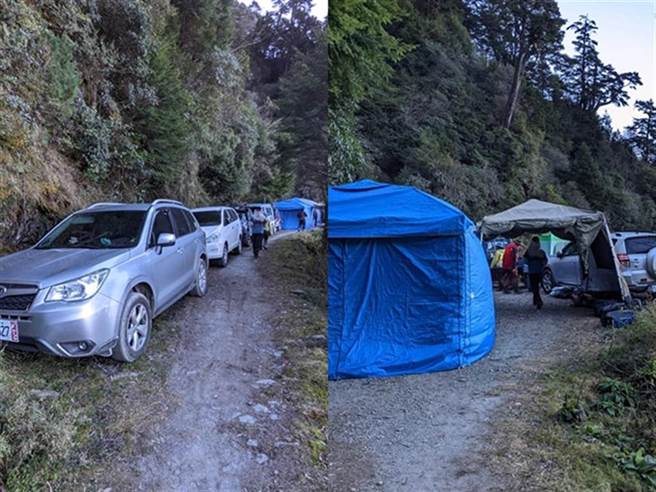 南投县郡大山登山口处停了9台轿车，一群游客在道路上搭起帐篷、烤地瓜，导致后方的接驳车无法通行。（图／翻摄自脸书「登山通报站」）
