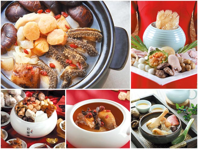 围炉吃年菜，难处理且食材昂贵的汤品或佛跳墙，其实只要交给饭店大厨就可搞定。图／台北西华、福华、台南大员皇冠、寒舍食谱、亚致餐饮提供