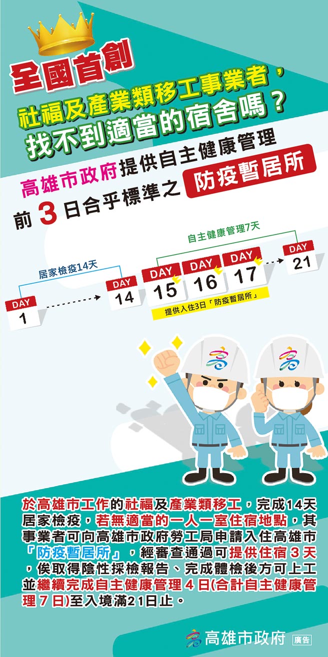 协助移工落实自主健康管理 高雄市首创「贴心护劳~防疫暂居所」