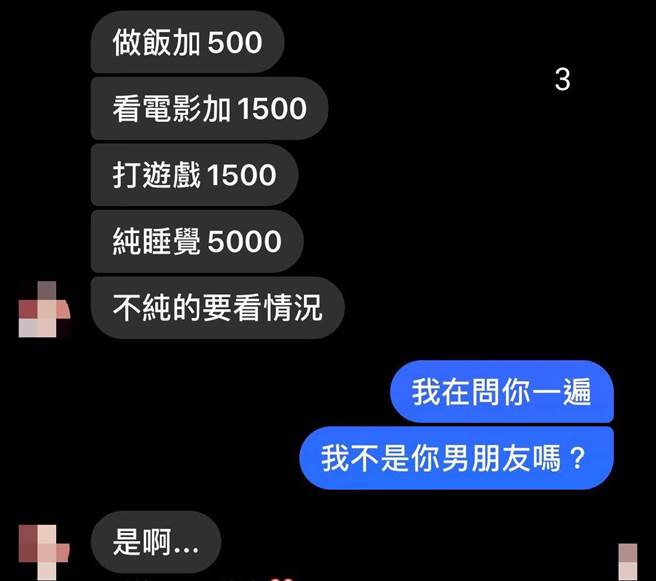 女友列出的價目表。（截自臉書社團《靠北女友my girl》）