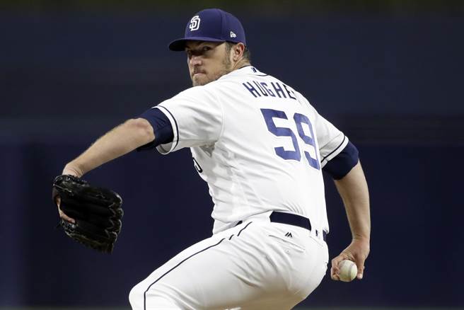 王建民前洋基队友休斯今天正式宣布退休，图为2018年在教士队的身影。（美联社资料照）