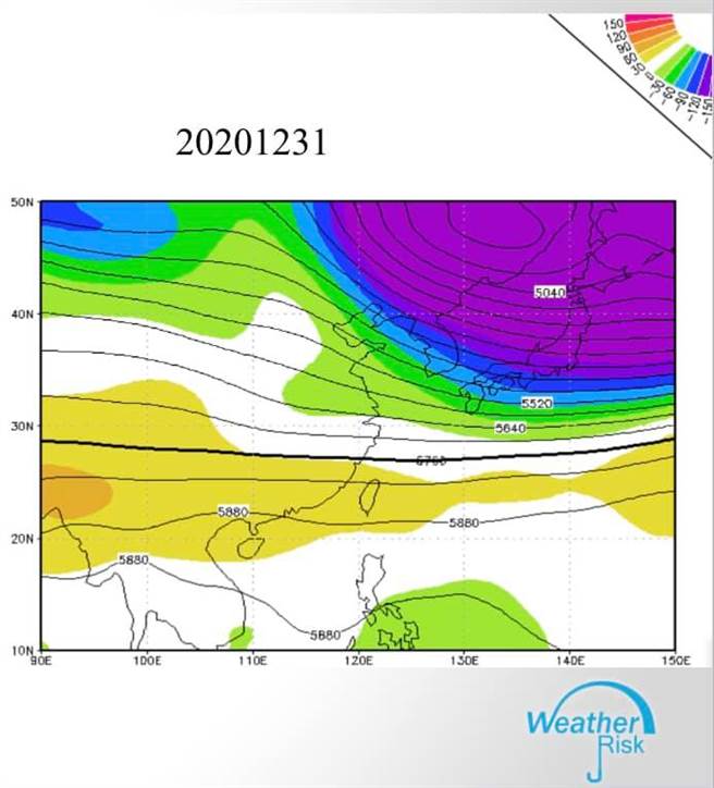 2020年12月31日来袭的跨年寒流，其的5760等高线也在图中。（图撷自贾新兴脸书/天气风险管理公司）