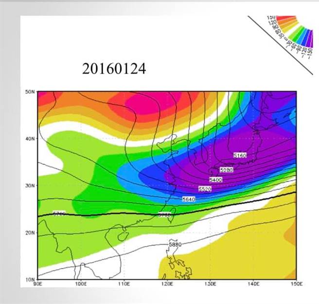 2016年1月24日来袭的霸王寒流，其5760等高线也在图中。（图撷自贾新兴脸书/天气风险管理公司）