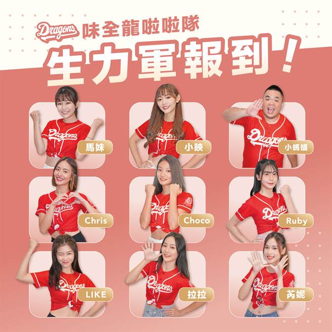 味全龍啦啦隊增添9名新血，唯一男隊員是小螞蟻（右上）。（味全龍提供／廖德修台北傳真）