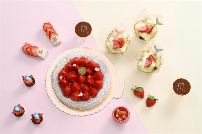 「风象星座」幸运色─红色系草莓甜点，「水象星座」白色系甜点补足2021年的好运气。（喜来登提供／罗浚滨新竹传真）