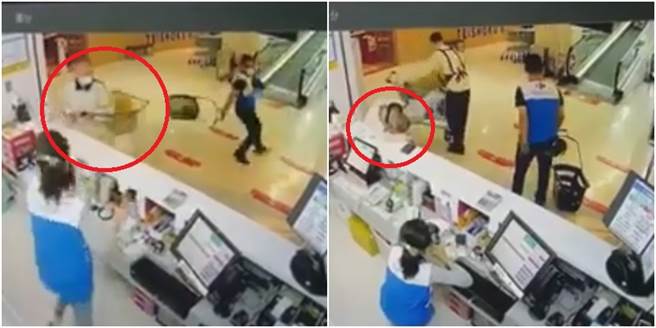 连锁量贩店南部某门市，一台手推车高速从手扶梯上滑下，重重撞击一名男子。（图／翻摄自重机车友▕ 各区路况、天气回报中心）