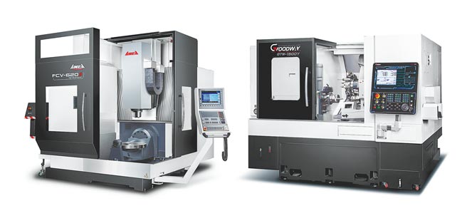 程泰亚崴集团本届获得台湾精品奖的GTW-1500车铣复合机（右）与FCV-620S高速五轴加工机。图／业者提供
