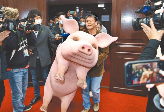 針對反萊豬公投，國民黨立法院黨團5日在立法院舉行「雙公投連署實務研習營」，讓立委及助理了解連署實務工作，黨團總召林為洲（中）搬來粉紅豬「春嬌」道具參與。（姚志平攝）