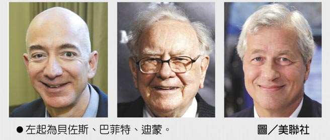 左起为贝佐斯、巴菲特、迪蒙。图／美联社