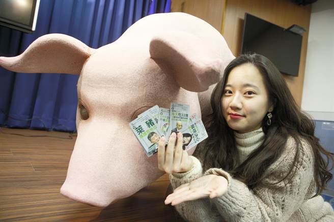 國民黨兩隻道具豬「春嬌與志明」一同帶往現場參加活動，並送出限量1萬份的「反萊豬幹話撲克牌」。（張鎧乙攝）