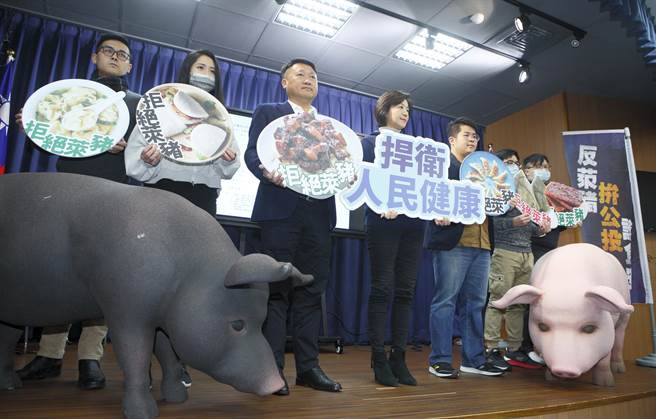國民黨中央黨部7日召開「反萊豬、拚公投、要連署」記者會，文傳會主委王育敏（中）、組發會主委李哲華（左三）、青年部主任陳冠安（右三）等人手持標語，呼籲民眾踴躍參與。（張鎧乙攝）