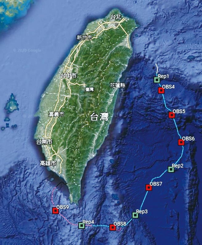 中央气象局臺湾东部海域地震与海啸海缆观测系统第三期海底缆线布建范围。图／NEC台湾提供