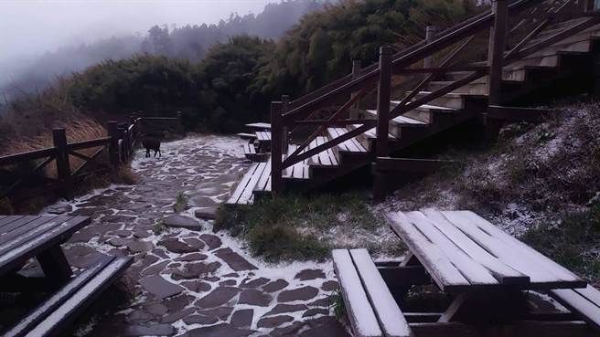 寒流发威，雪山8日凌晨3时许降雪，369山庄被白雪覆盖。（雪霸国家公园管理处提供／巫静婷苗栗传真）