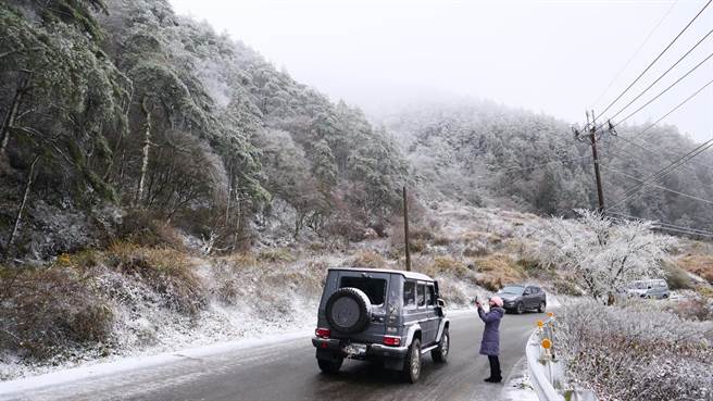 台七甲線思源埡口山林一片冰天雪地，追雪族持續湧入。（武陵農場提供／王文吉台中傳真）