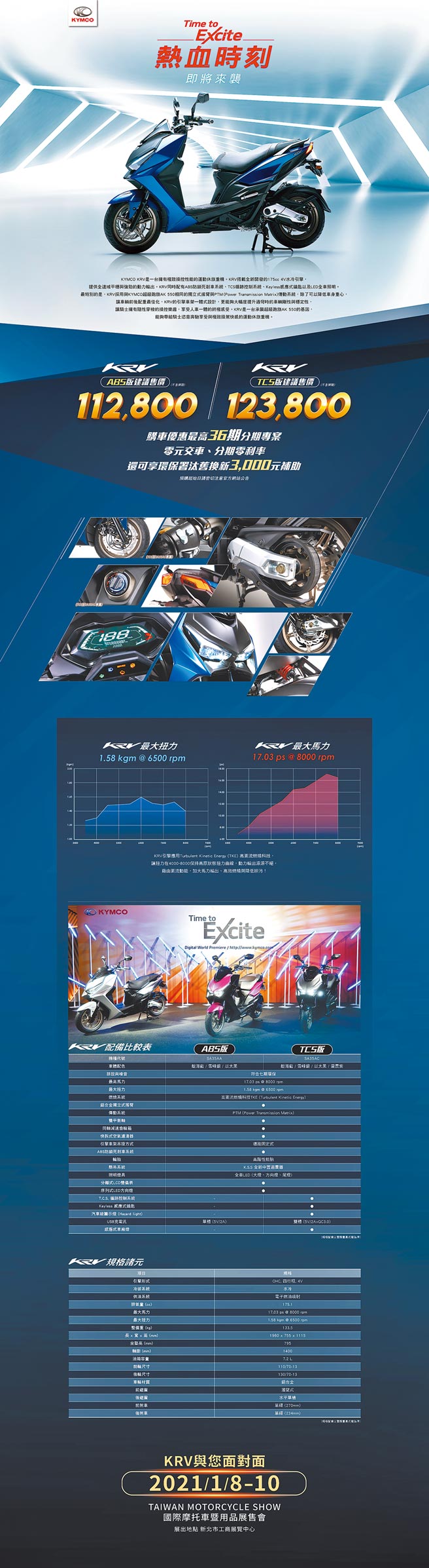 十年來最強白牌速克達！KYMCO KRV ABS版112,800元；KRV TCS版123,800元(不含牌險)。圖／業者提供