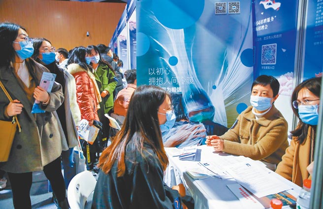 大陆招聘会上大学生与企业招聘人员进行交流。（中新社资料照片）