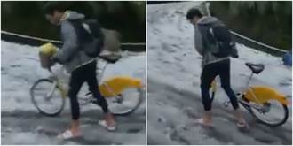 男騎Ubike穿拖鞋衝陽明山賞雪 網驚：要截肢了？
