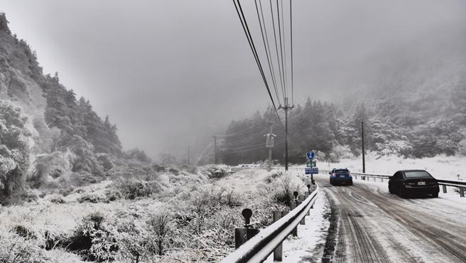 台七甲线思源垭口积雪深达5公分，山林结满雾淞冰霜，堪称全台独一无二的冰天雪地美景。（武陵农场提供／王文吉台中传真）