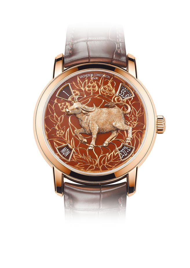 江诗丹顿牛年登场的Metiers d'Art艺术大师系列The Legend of the Chinese Zodiac中国十二生肖表，玫瑰金款限量12只，352万。（Vacheron Constantin提供）